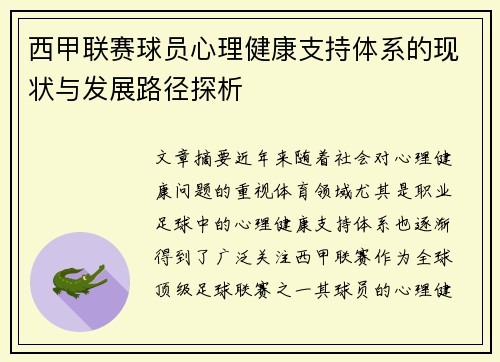 西甲联赛球员心理健康支持体系的现状与发展路径探析